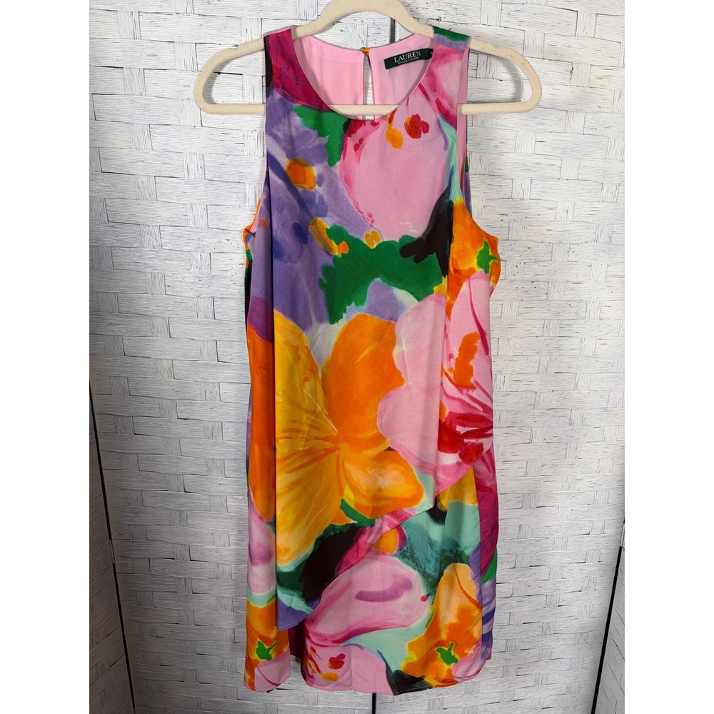 Lauren Ralph Lauren Women Dress Midi Shift Watercolor Floral Draped Sleeveless
